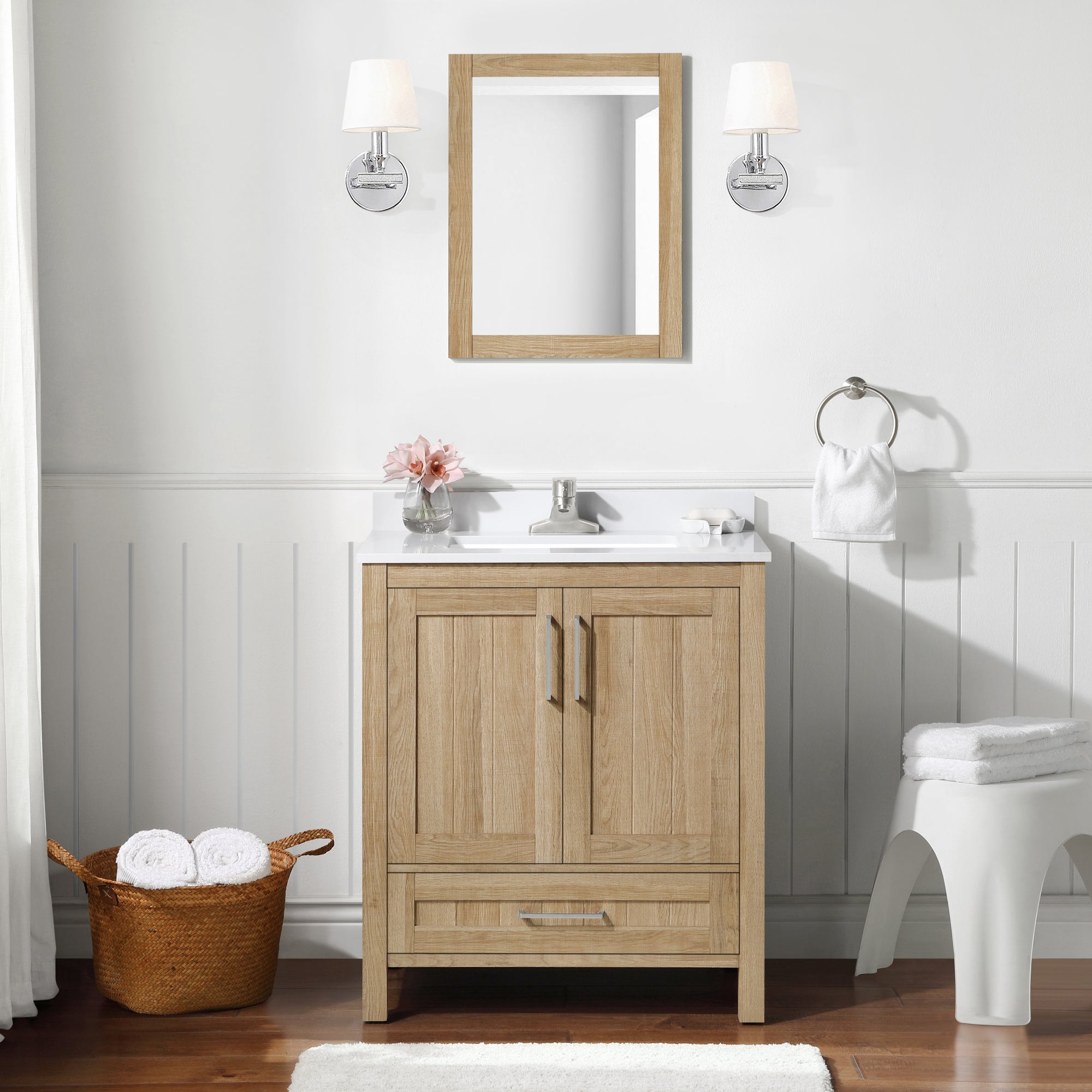 OVE Decors -  Kansas 30 In. W X 19 In. D X 34 In. H Single Sink Bath Vanity In White Oak With White Engineered Stone Top