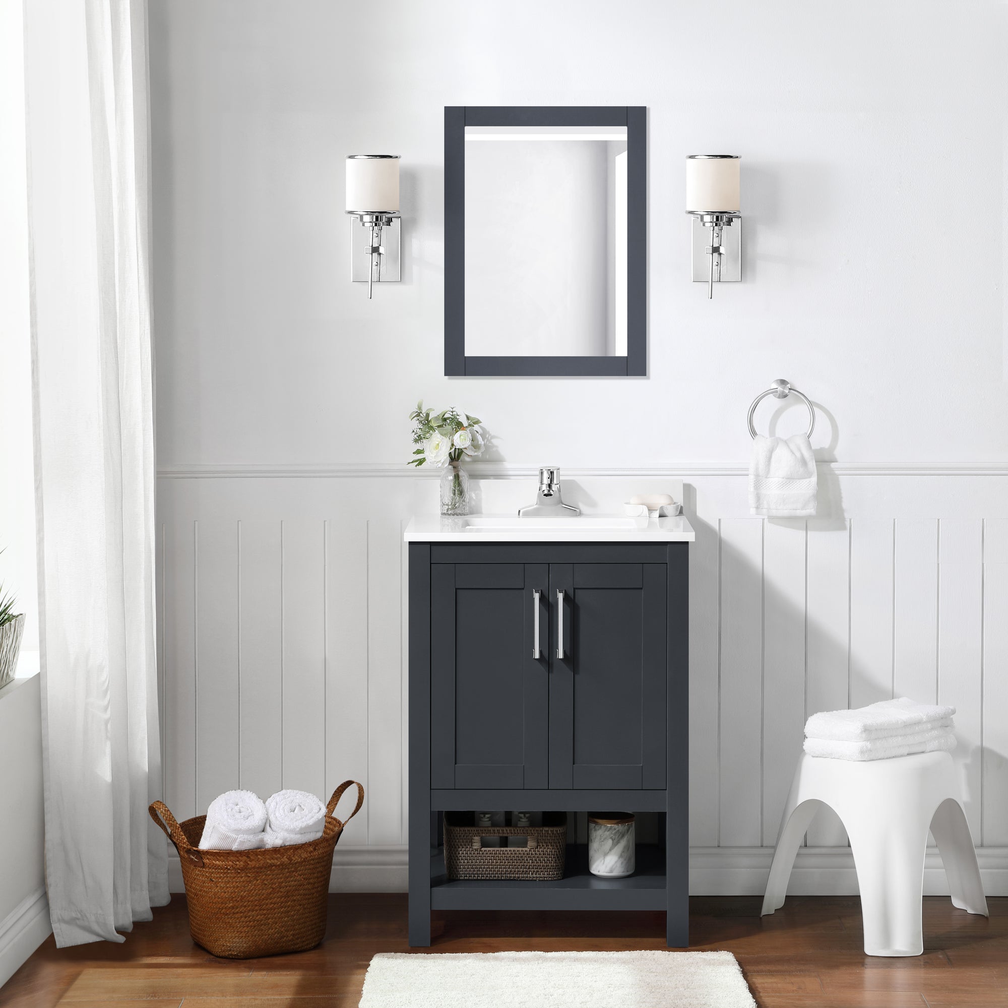 OVE Decors - Vegas 24-Inch W x 19-Inch D x 34-Inch H Single Sink Bathroom Vanity in Dark Charcoal with White Engineered Stone Top