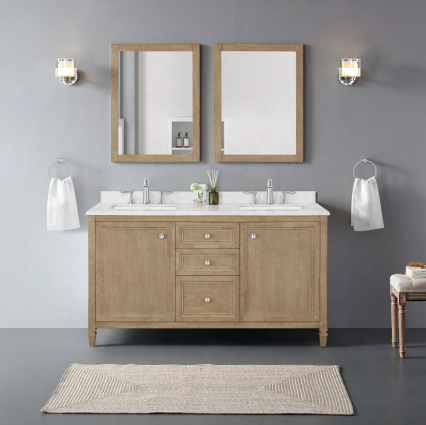 OVE Decors - Neville 60″ Double Sink Bathroom Vanity Antique Oak with Engineered Stone Top - Backsplash Included