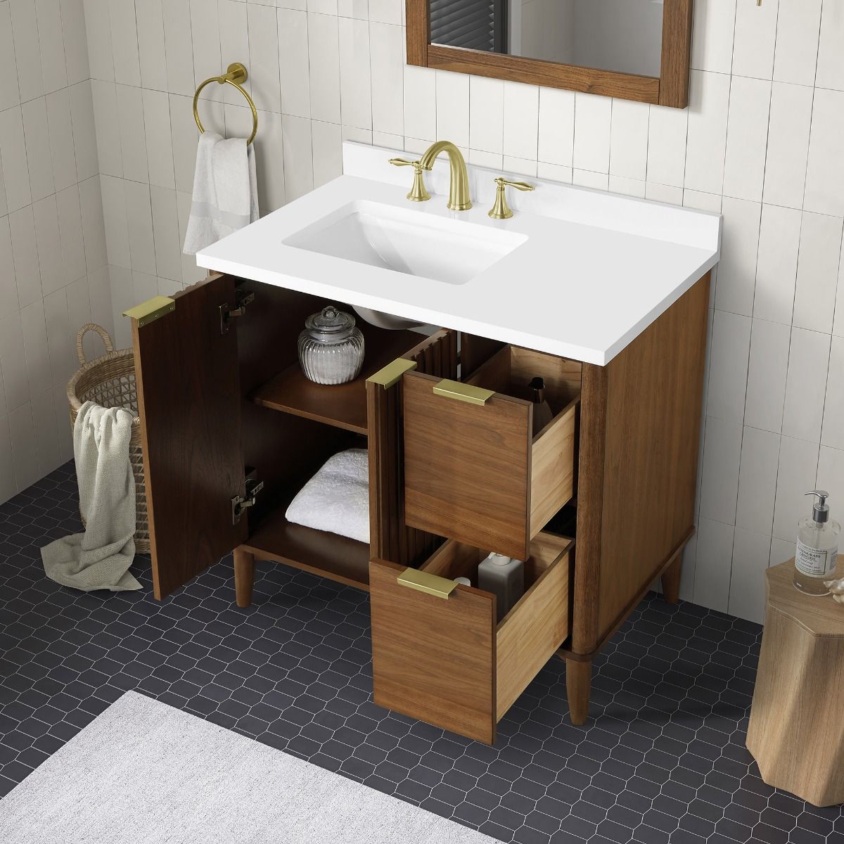 OVE Decors - Gabi 36-In Wide x 22-In Deep x 35-In High Single Sink Bathroom Vanity In Warm Walnut With A White Engineered Marble Top