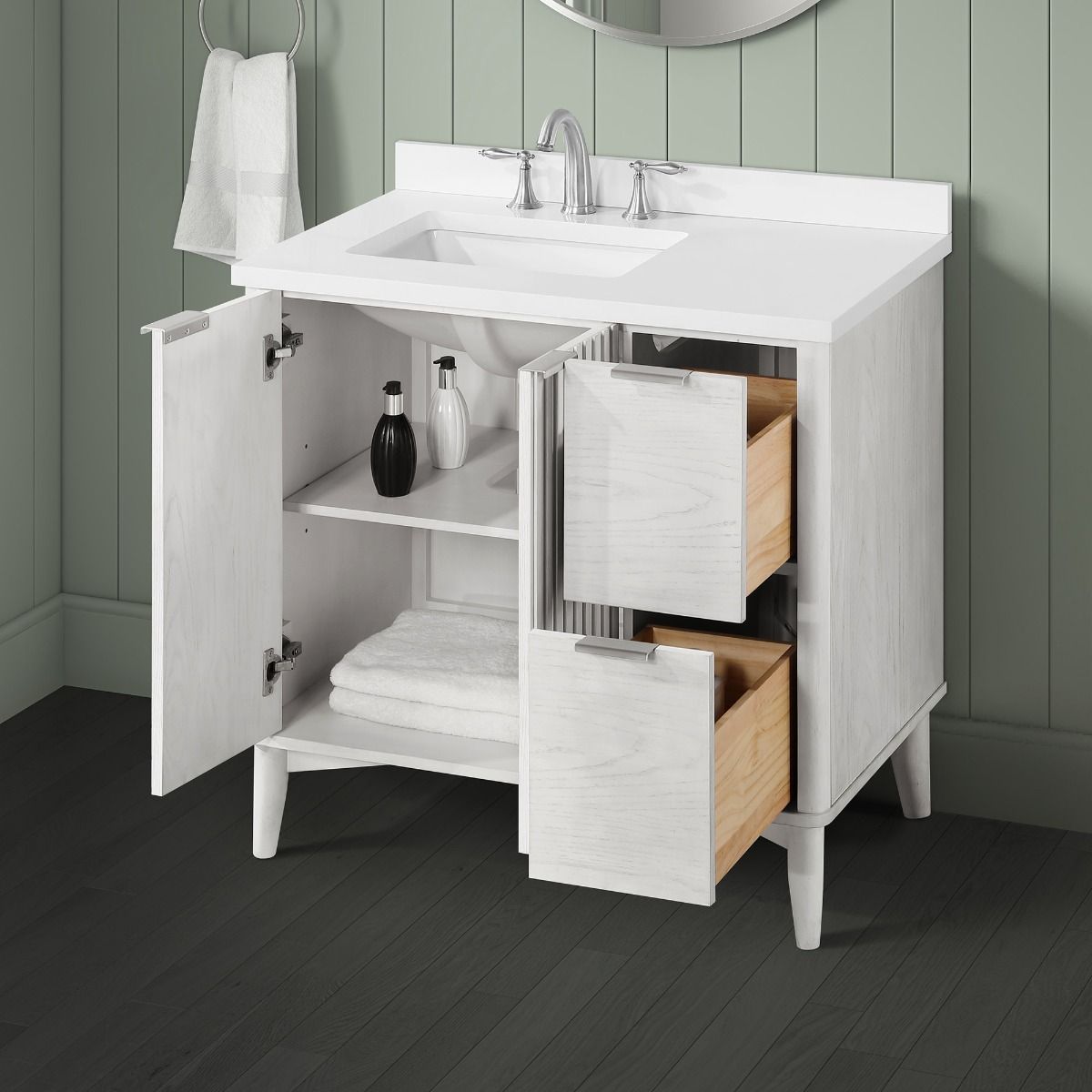 OVE Decors - Gabi 36-In W x 22.1-In D x 34.5-In H Single Sink Bathroom Vanity In Washed White With A White Engineered Marble Countertop