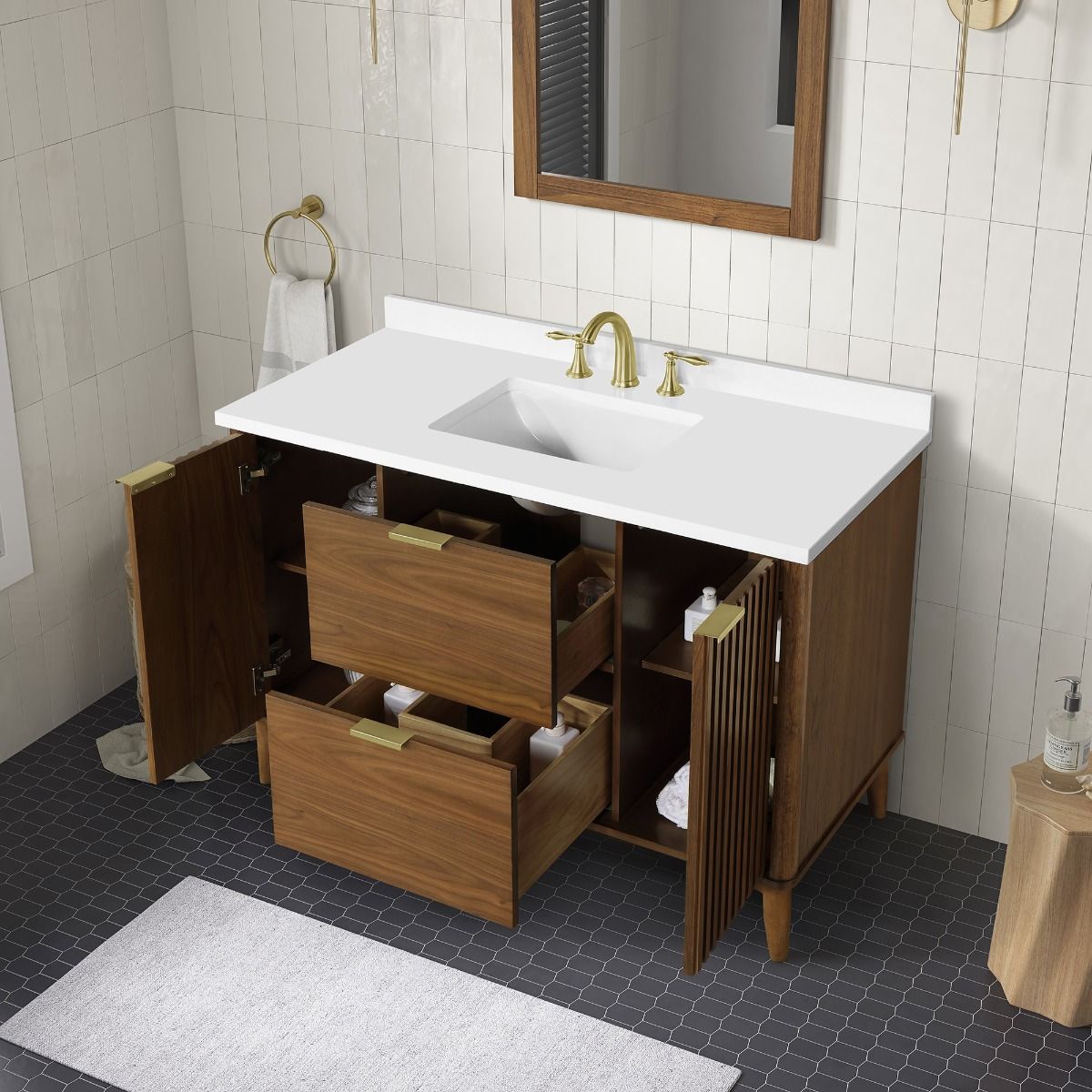 OVE Decors -  Gabi 48-In W x 22-In D x 35-In H Single Sink Bathroom Vanity In Warm Walnut With A White Engineered Marble Top