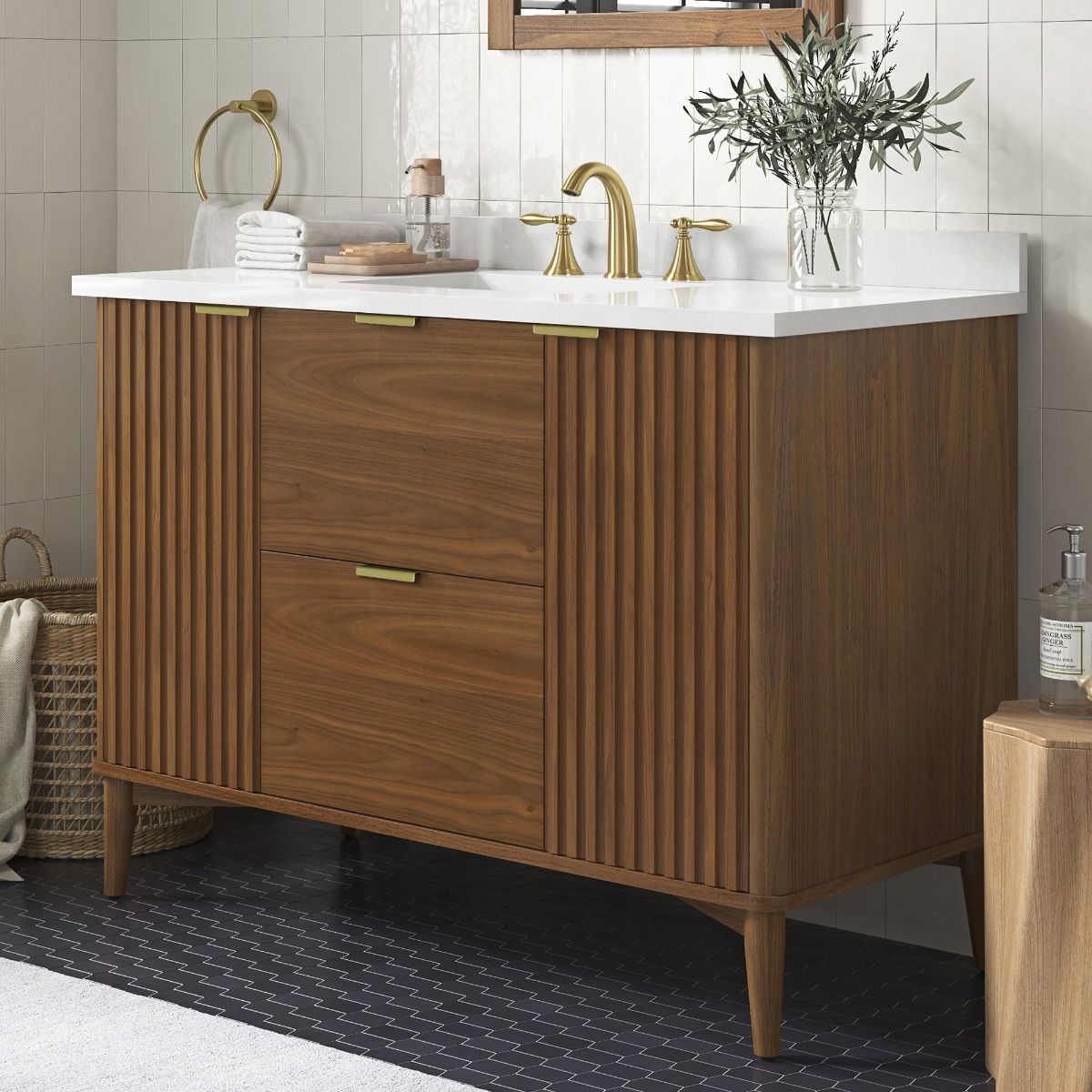 OVE Decors -  Gabi 48-In W x 22-In D x 35-In H Single Sink Bathroom Vanity In Warm Walnut With A White Engineered Marble Top