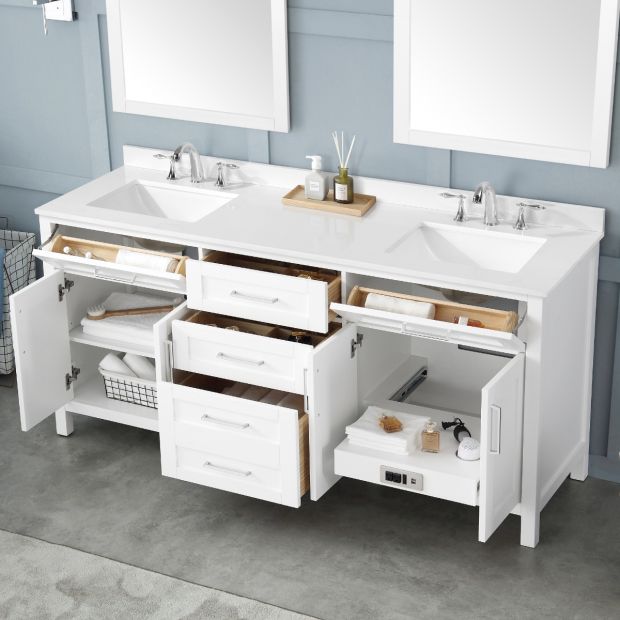 OVE Decors - Tahoe 72-in White Double Sink Bathroom Vanity with White Marble Top