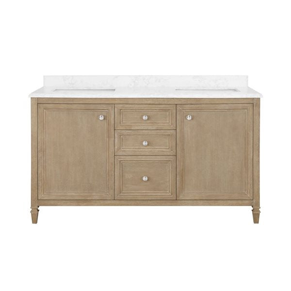 OVE Decors - Neville 60″ Double Sink Bathroom Vanity Antique Oak with Engineered Stone Top - Backsplash Included