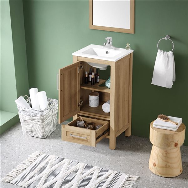 OVE Decors -  Kansas 18 in. W x 16 in. D x 34 in. H Single Sink Bathroom Vanity in White Oak With White Engineered Stone Top