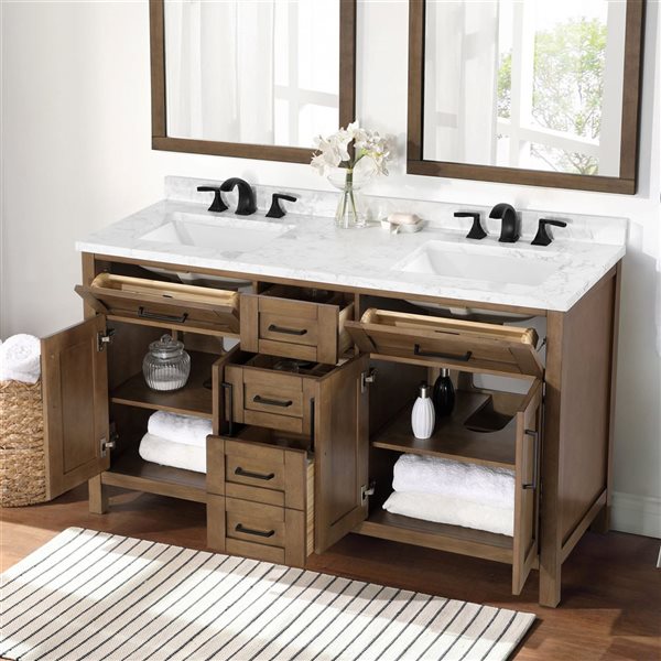 OVE Decors -  Tahoe 60 In. W X 21 In. D X 34 In. H Double Sink Bath Vanity In Almond Latte With White Engineered Marble Top And Outlet