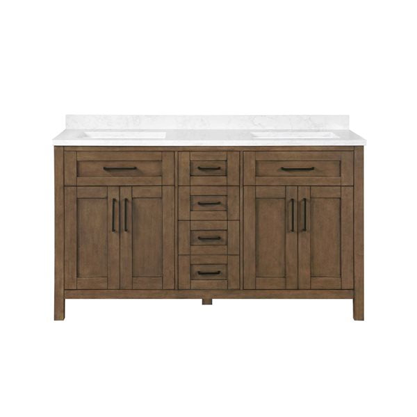 OVE Decors -  Tahoe 60 In. W X 21 In. D X 34 In. H Double Sink Bath Vanity In Almond Latte With White Engineered Marble Top And Outlet