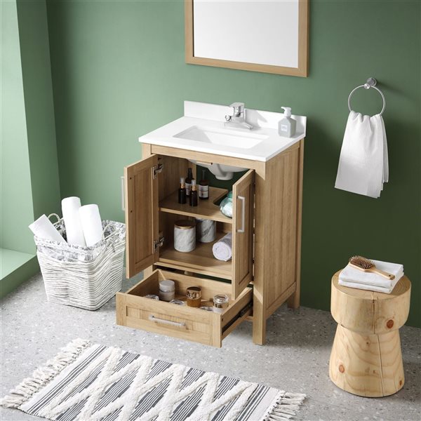 OVE Decors -  Kansas 24 in. W x 19 in. D x 34 in. H Single Sink Bathroom Vanity in White Oak with White Engineered Stone Top