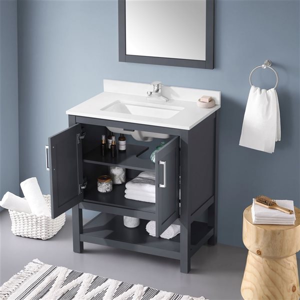 OVE Decors - Vegas 30-Inch W x 19-Inch D x 34-Inch H Single Sink Bathroom Vanity in Dark Charcoal with White Engineered Stone Top