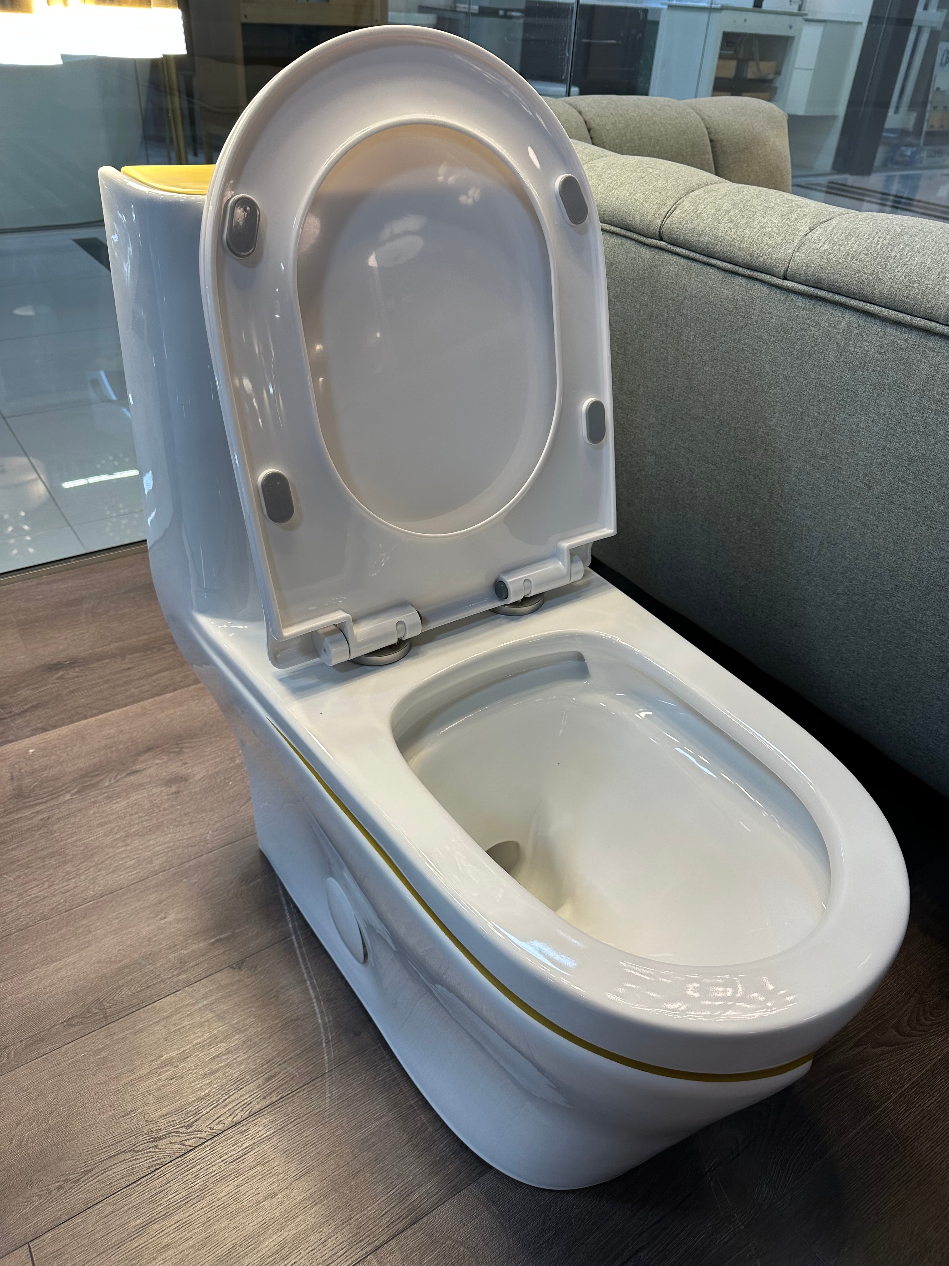 One Piece Toilet Bowl SKU: 8676WG- Soft Close Seat with High Efficiency Dual Flush in White/Gold. Dual-Flush