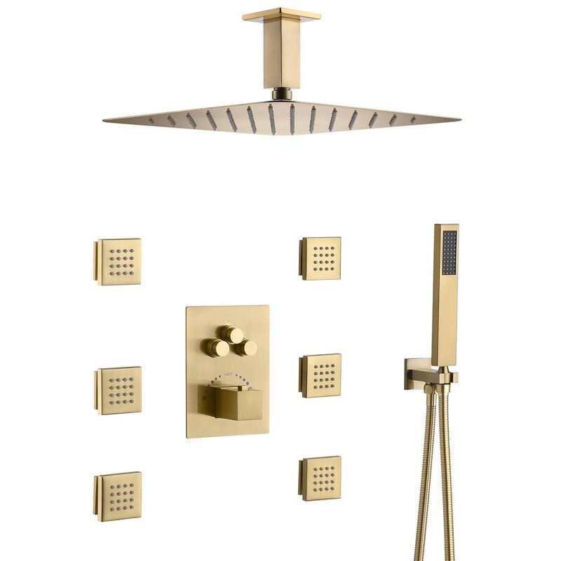 FaucetWorld - Full Thermostatic Rainfall Shower Sets 6 Body Jets Ceiling Mounted