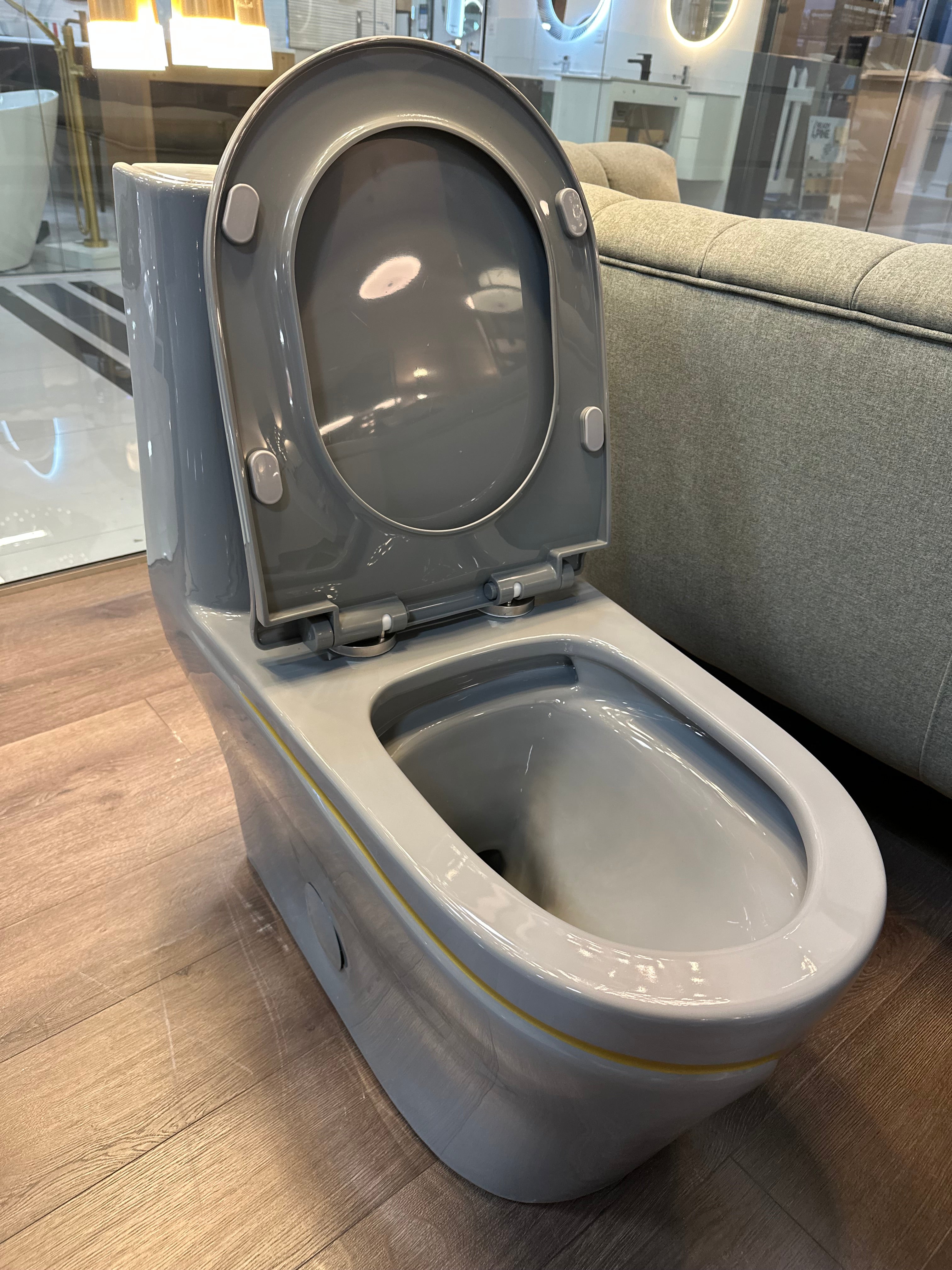 One Piece Toilet Bowl SKU: 8676GG- Soft Close Seat with High Efficiency Dual Flush in Grey/Gold. Dual-Flush