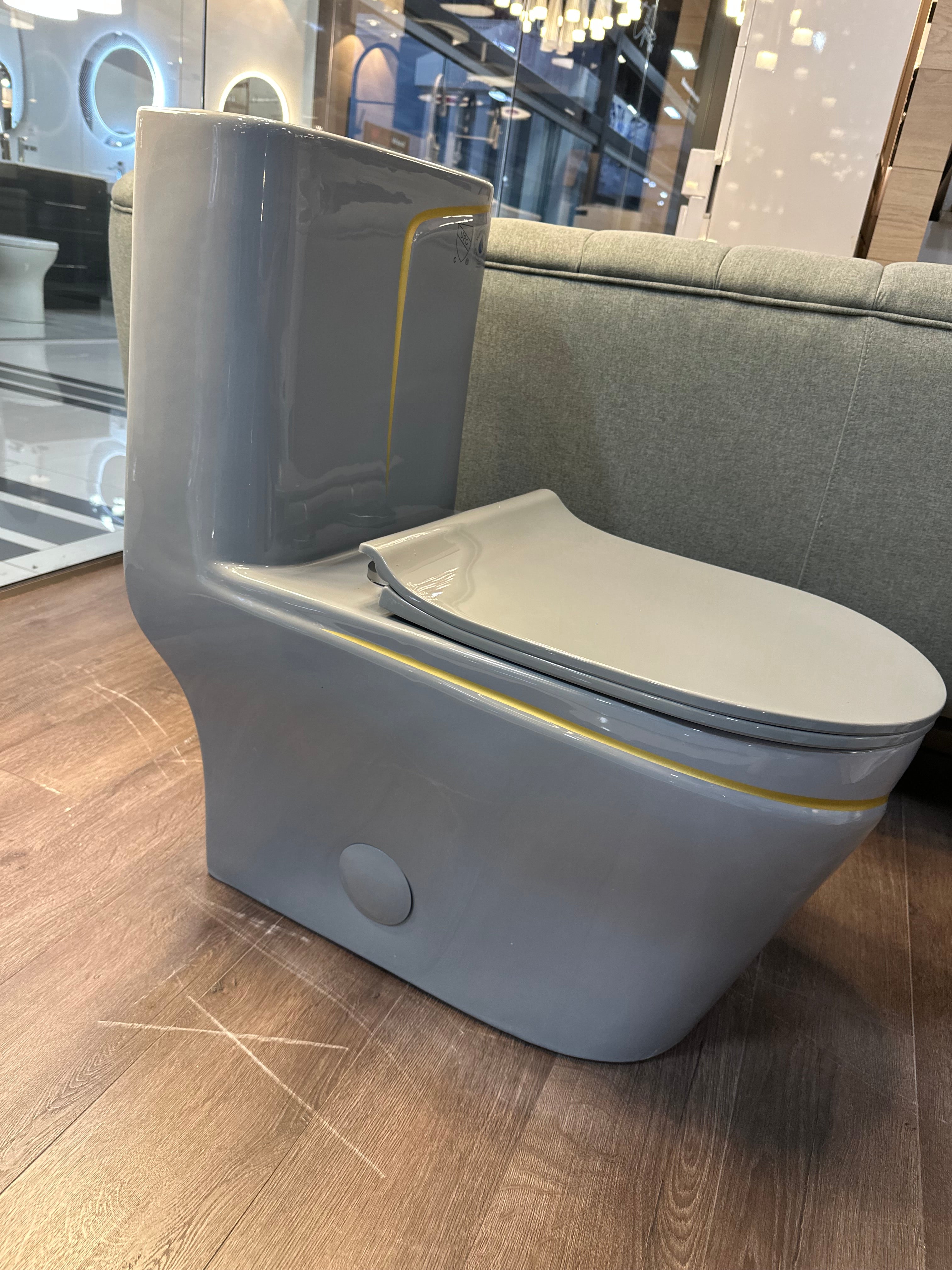 One Piece Toilet Bowl SKU: 8676GG- Soft Close Seat with High Efficiency Dual Flush in Grey/Gold. Dual-Flush