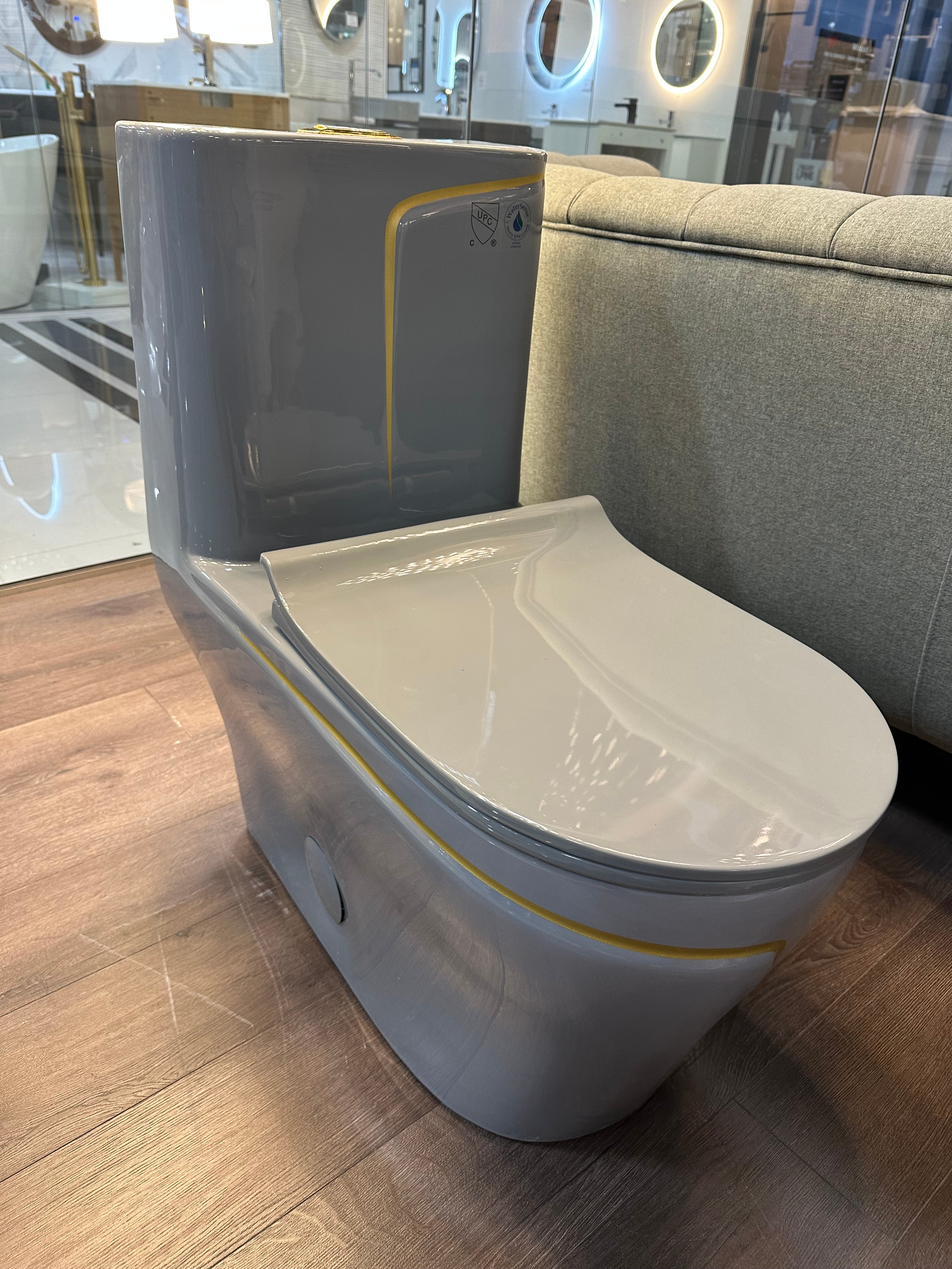 One Piece Toilet Bowl SKU: 8676GG- Soft Close Seat with High Efficiency Dual Flush in Grey/Gold. Dual-Flush