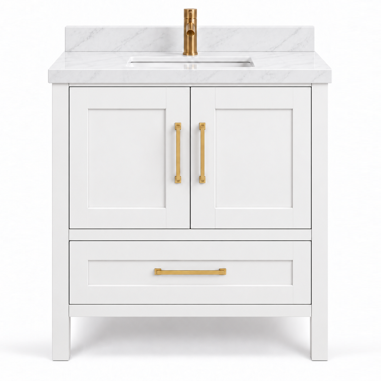 ALV Bristol 30 inch white Shaker bathroom vanity with quartz countertop, front view