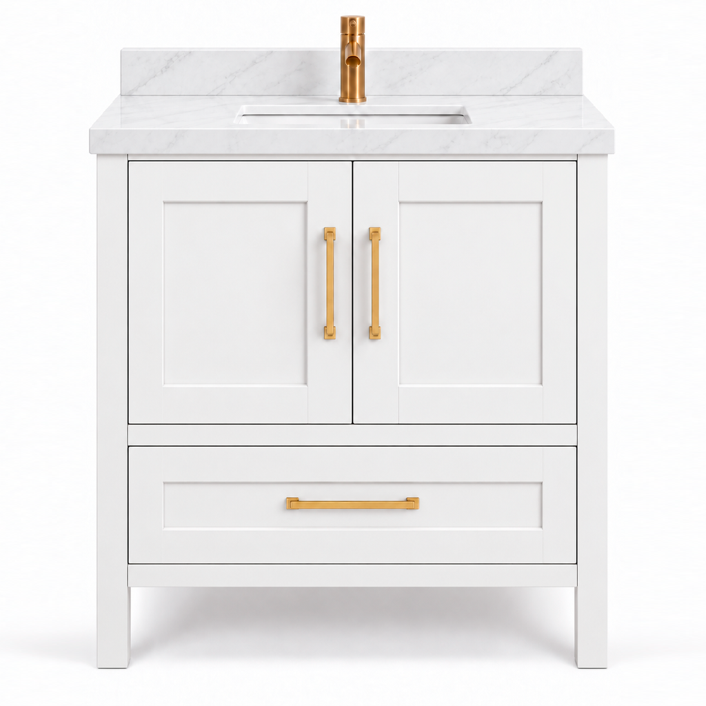 ALV Bristol 30 inch white Shaker bathroom vanity with quartz countertop, front view