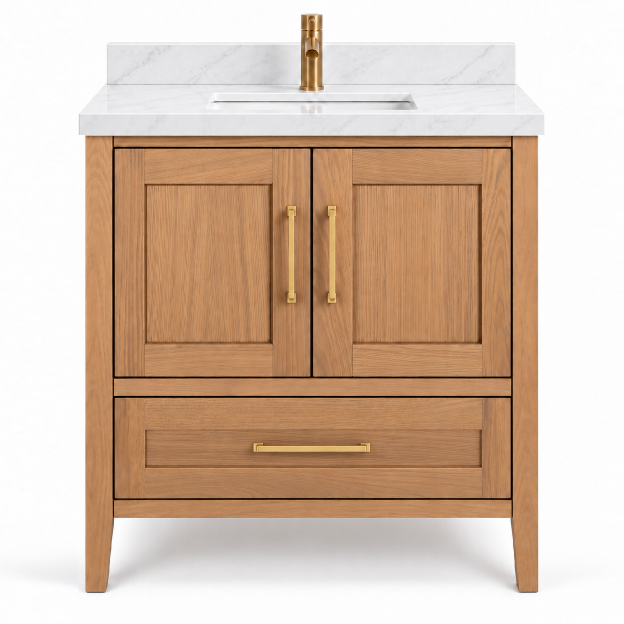 ALV Casa 30 inch white oak bathroom vanity with quartz countertop, front view