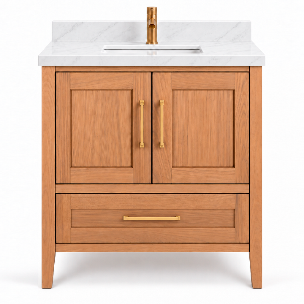 ALV Casa 30 inch white oak bathroom vanity with quartz countertop, front view