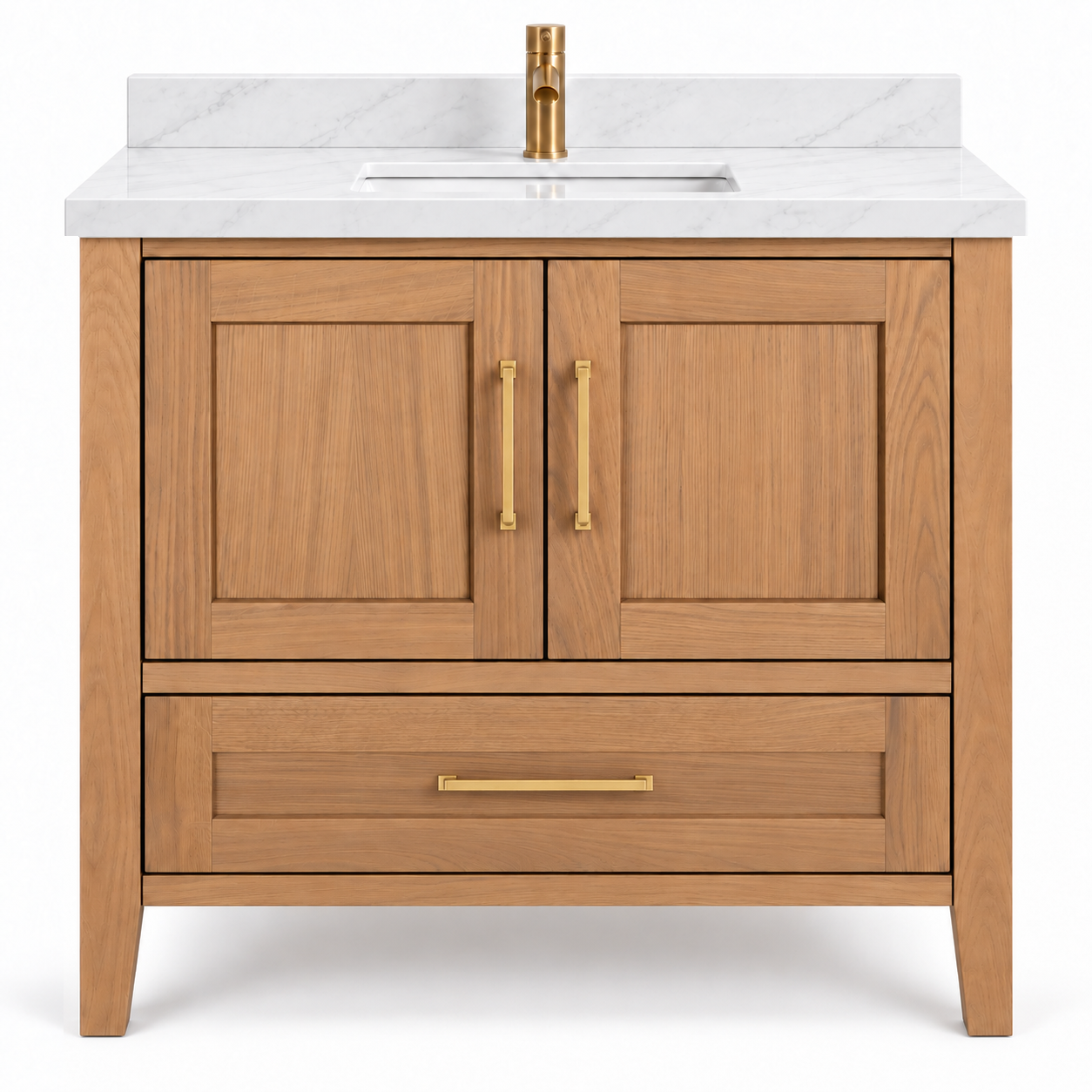 ALV Casa 36 inch white oak bathroom vanity with quartz countertop, front view