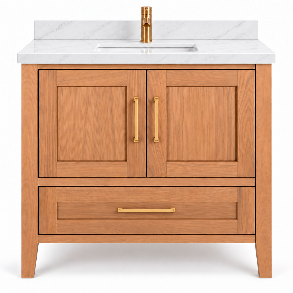 ALV Casa 36 inch white oak bathroom vanity with quartz countertop, front view