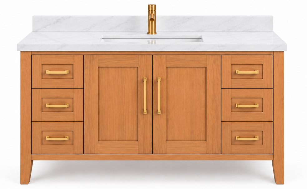 ALV Casa 48 inch white oak bathroom vanity with six drawers and quartz countertop, front view