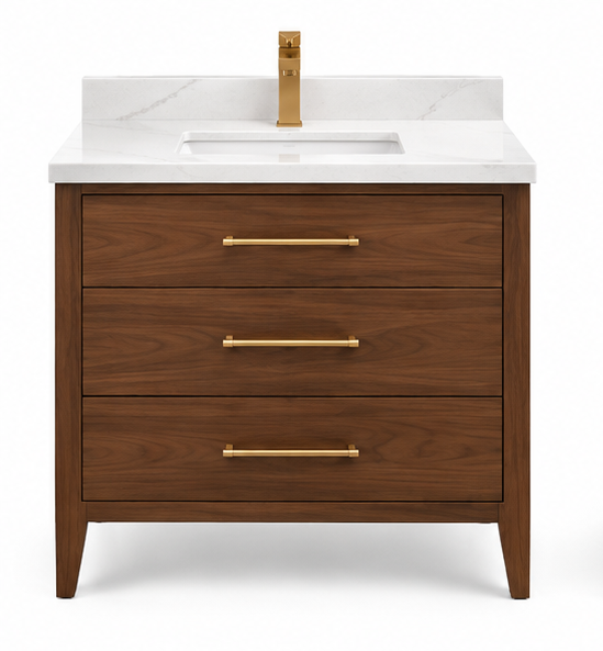 ALV Matrix 30 inch walnut three-drawer bathroom vanity with quartz countertop, front view