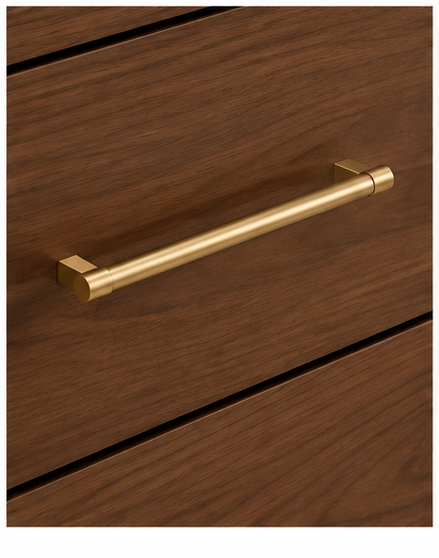 ALV Matrix 30 walnut vanity, brushed gold pull detail
