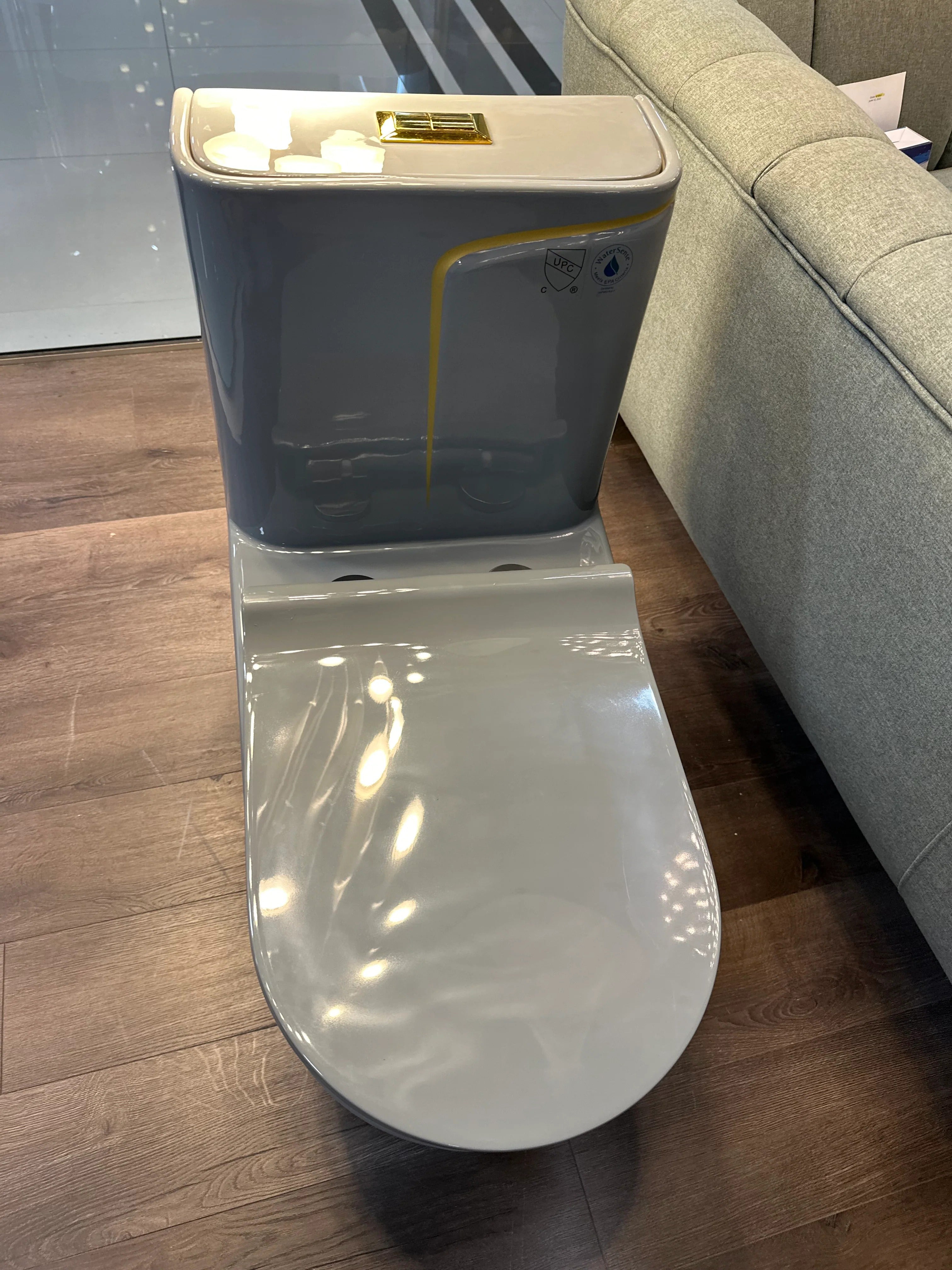One Piece Toilet Bowl SKU: 8676GG- Soft Close Seat with High Efficiency Dual Flush in Grey/Gold. Dual-Flush