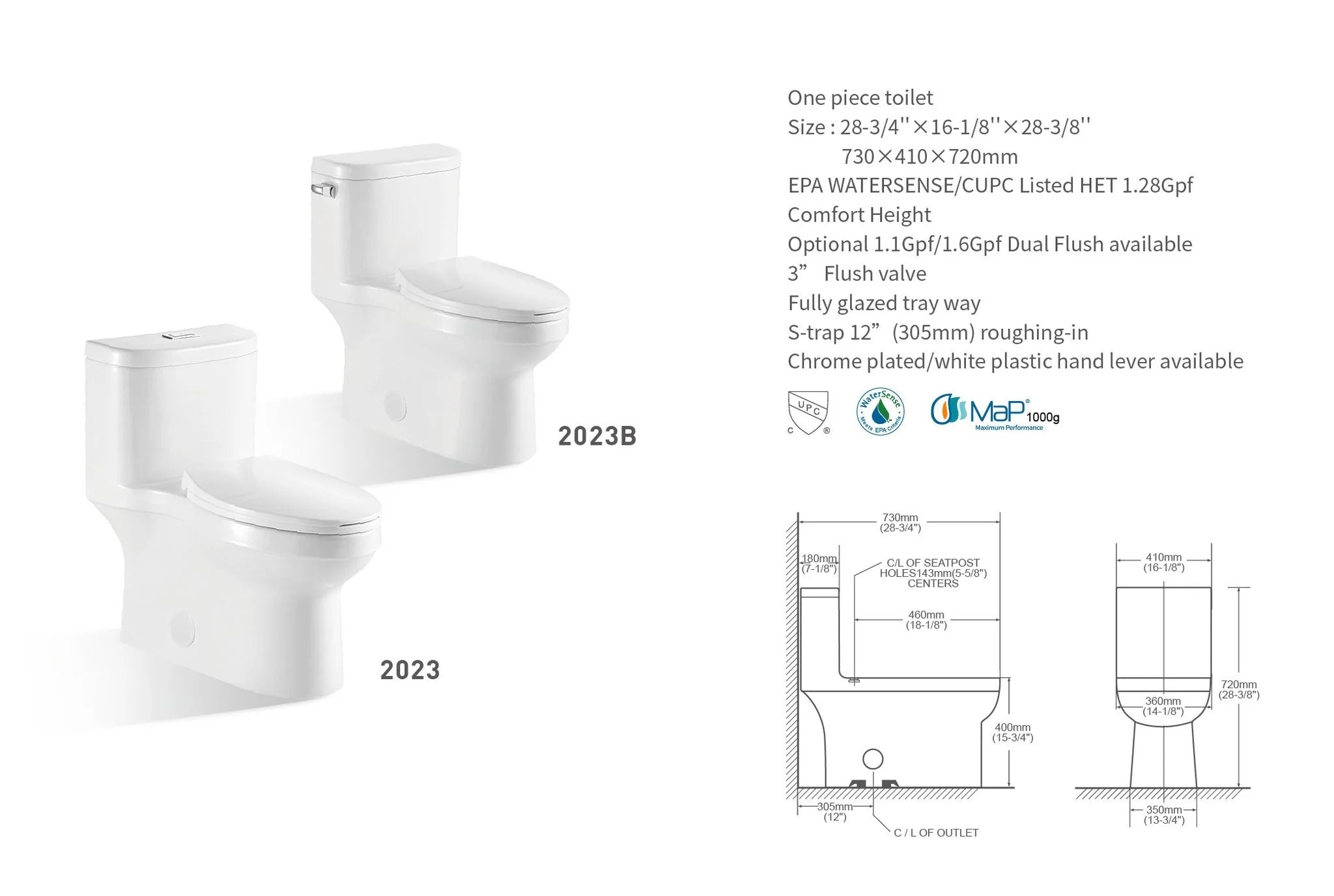 Dual-Flush Elongated One Piece Toilet Bowl T2023 - Soft Close Seat with High Efficiency Dual Flush in White