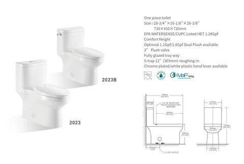 Dual-Flush Elongated One Piece Toilet Bowl T2023 - Soft Close Seat with High Efficiency Dual Flush in White