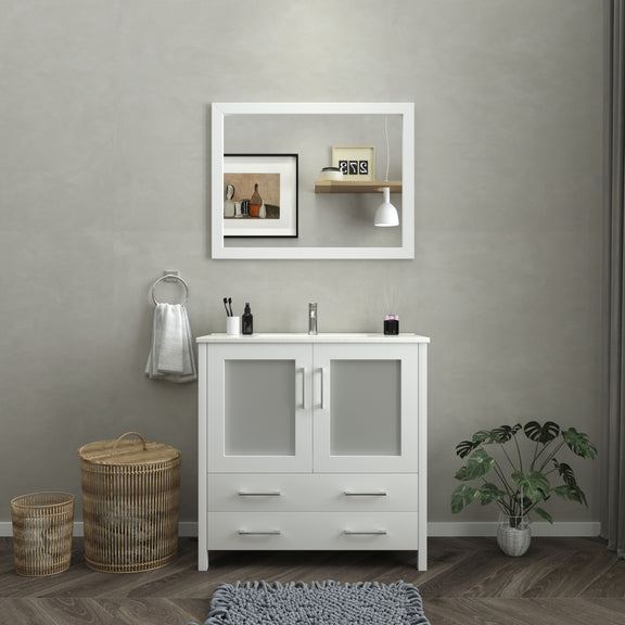 Vanity Art - London 36" Single Sink Bathroom Vanity Set with Sink and Mirror (Ceramic Top)