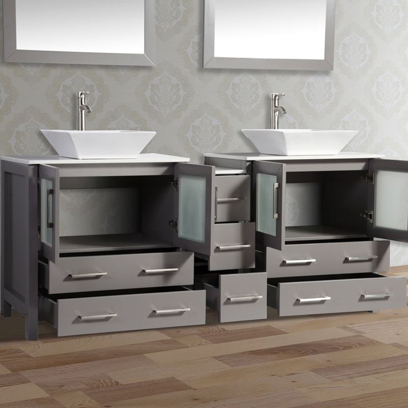 Vanity Art - Monaco 72" Double Vessel Sink Bathroom Vanity Set with Sinks and Mirrors - 1 Side Cabinet