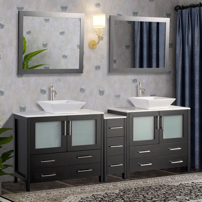 Vanity Art - Monaco 84" Double Vessel Sink Bathroom Vanity Set with Sinks and Mirrors - 1 Side Cabinet