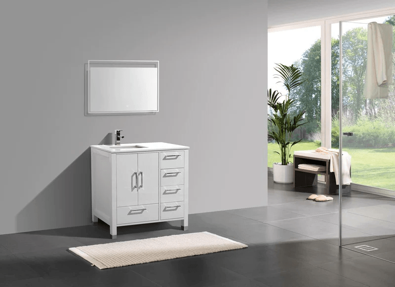 Anziano 36"Vanity w/ Right Side Drawers and Quartz Countertop - Home and Bath Depot