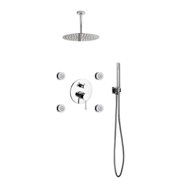 Aqua Rondo Brass Shower Set with Ceiling Mount Square Rain Shower, 4 Body Jets and Handheld - Home and Bath Depot