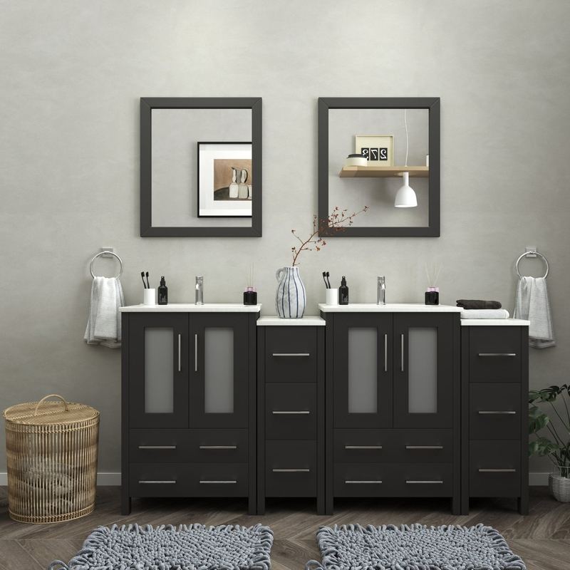 Vanity Art - London 72" Double Sink Bathroom Vanity Set with Sink and Mirrors - 2 Side Cabinets