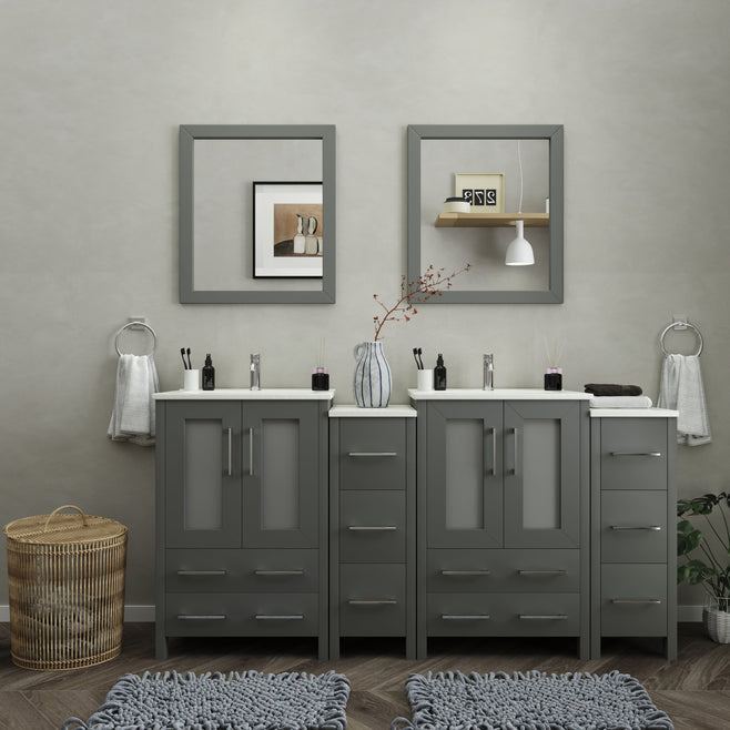 Vanity Art - London 72" Double Sink Bathroom Vanity Set with Sink and Mirrors - 2 Side Cabinets