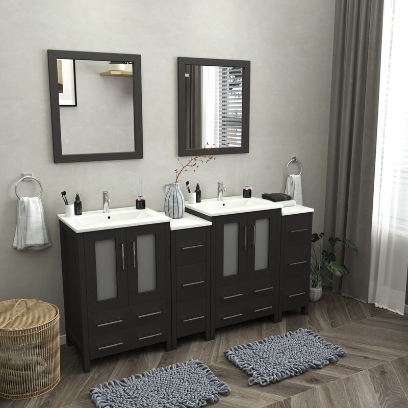 Vanity Art - London 72" Double Sink Bathroom Vanity Set with Sink and Mirrors - 2 Side Cabinets