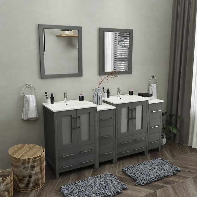 Vanity Art - London 72" Double Sink Bathroom Vanity Set with Sink and Mirrors - 2 Side Cabinets