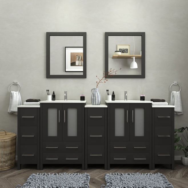 Vanity Art - London 84" Double Sink Bathroom Vanity Set with Sink and Mirrors - 3 Side Cabinets