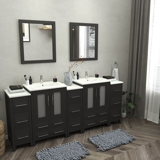 Vanity Art - London 84" Double Sink Bathroom Vanity Set with Sink and Mirrors - 3 Side Cabinets