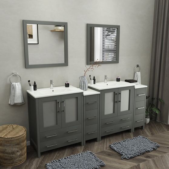 Vanity Art - London 84" Double Sink Bathroom Vanity Set with Sink and Mirrors - 2 Side Cabinets