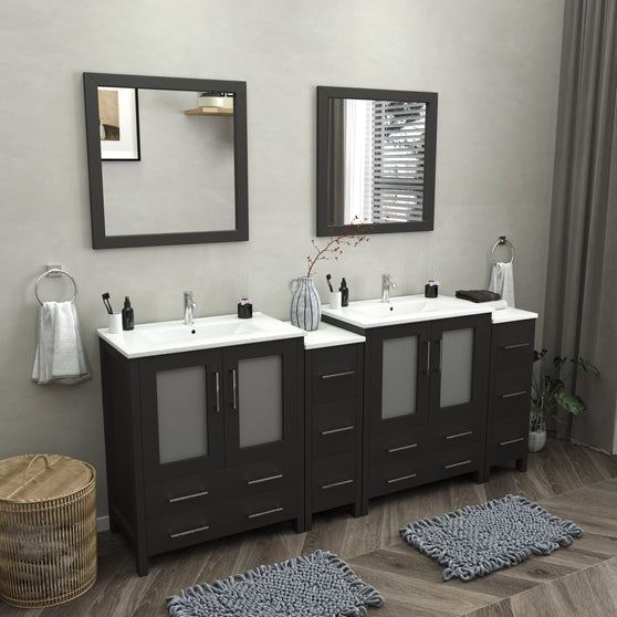 Vanity Art - London 84" Double Sink Bathroom Vanity Set with Sink and Mirrors - 2 Side Cabinets