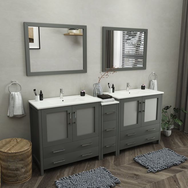 Vanity Art - London 84" Single Sink Bathroom Vanity Set with Sink and Mirrors - 1 Side Cabinet