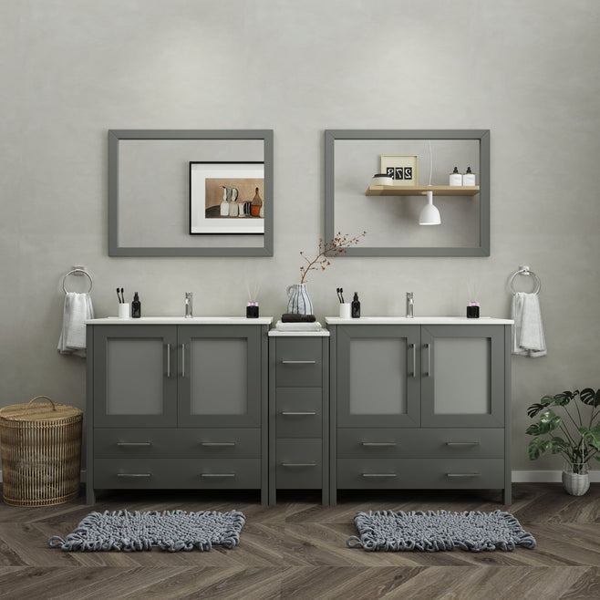 Vanity Art - London 84" Single Sink Bathroom Vanity Set with Sink and Mirrors - 1 Side Cabinet