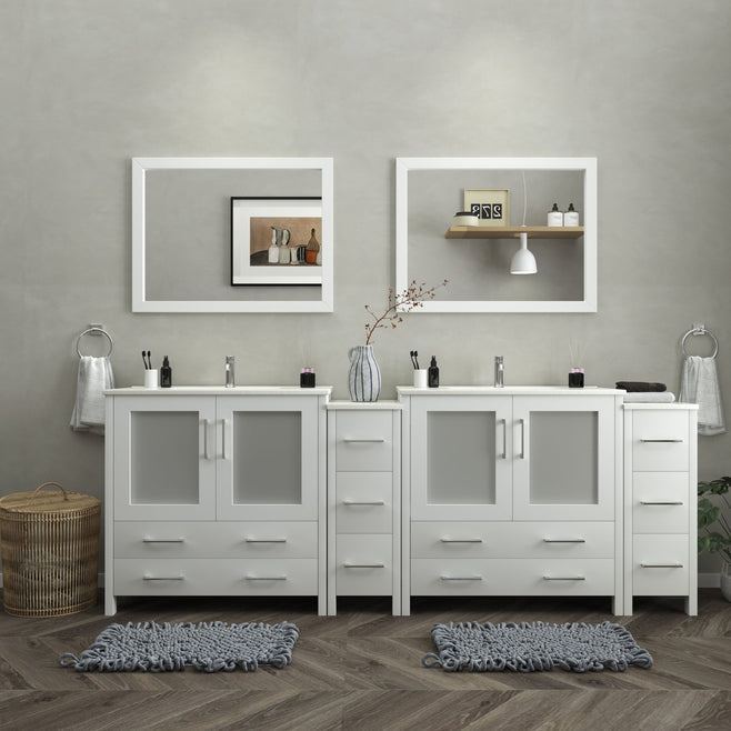 Vanity Art - London 96" Double Sink Bathroom Vanity Set with Sink and Mirrors - 2 Side Cabinets