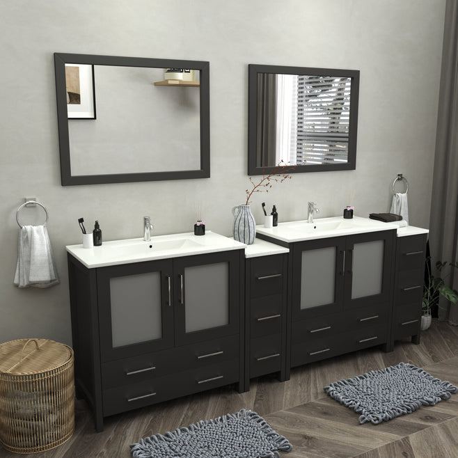 Vanity Art - London 96" Double Sink Bathroom Vanity Set with Sink and Mirrors - 2 Side Cabinets