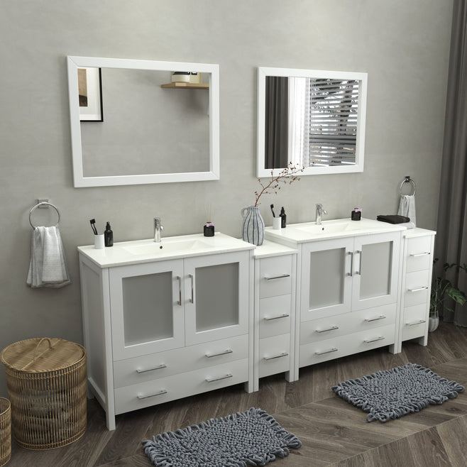 Vanity Art - London 96" Double Sink Bathroom Vanity Set with Sink and Mirrors - 2 Side Cabinets