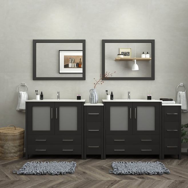 Vanity Art - London 96" Double Sink Bathroom Vanity Set with Sink and Mirrors - 2 Side Cabinets